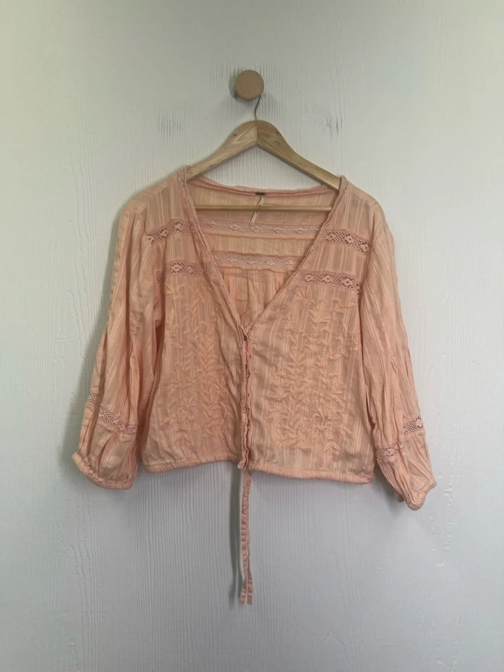 Free People - Follow Your Heart Peach Embroidered Lace Button Down Blouse SZ LG